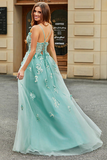 Abito da ballo corsetto in tulle verde a trapezio con applicazioni